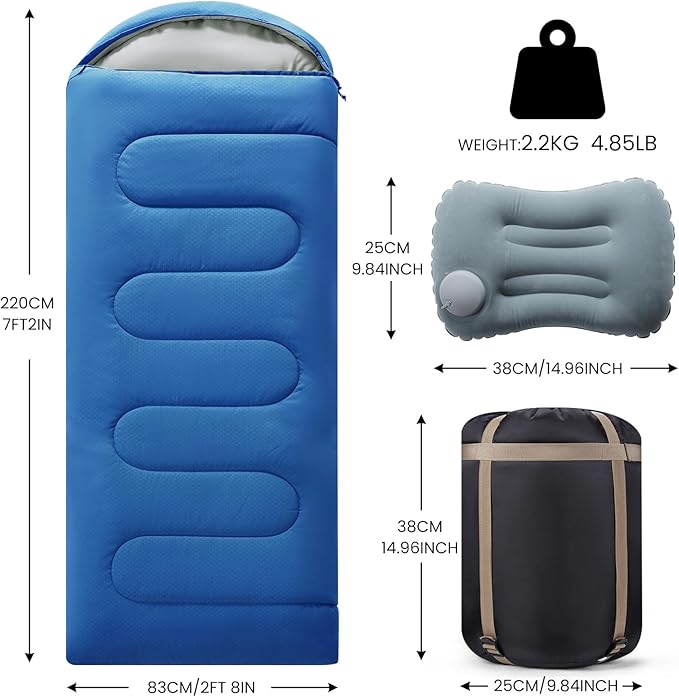 Sleeping Bags for Adults & Kids Lightweight Waterproof 3-4 Season Warm with Inflatable Pillow–Compact Portable Sleeping Bag for Cold Weather Camping, Hiking, Travel, Indoor/Outdoor Use