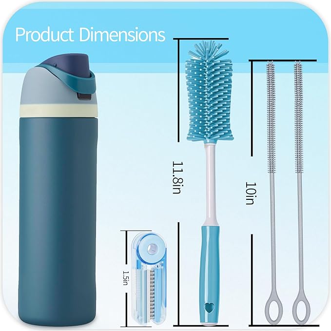 Silicone Cleaning Brush Kit - Water Bottle Brush with Long Handle Heavy Duty Straw Cleaner Brush, 4 in 1 Multipurpose Cup Cleaner Kit for Thermos, Sport Bottles, Coffee Mugs