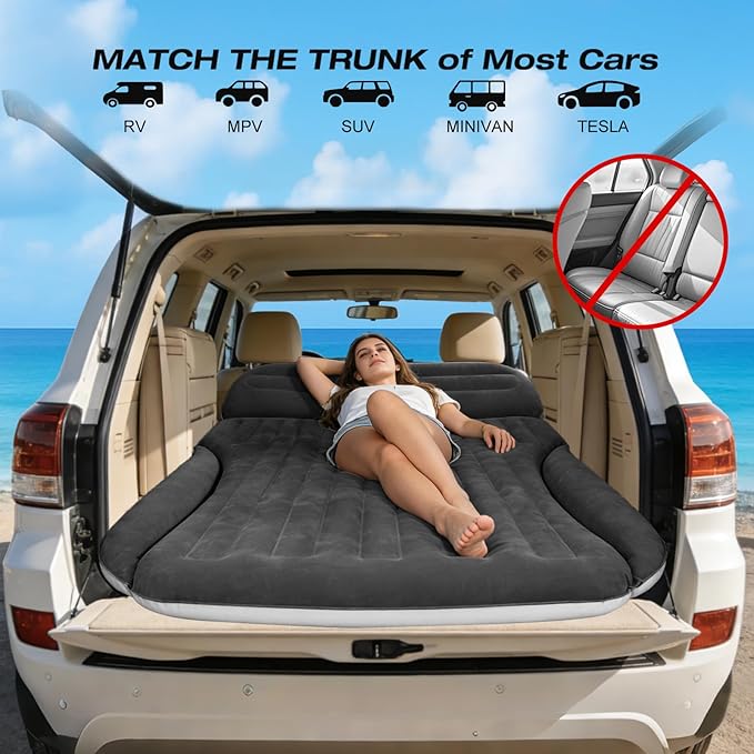 Ciremiv SUV Air Mattress, Double-Sided Thick Flocked Car Air Mattress with Built-in Pump & Pillow, Complete Sleeping Accessories for Auto Camping & Road Trips（Dark Coffee）