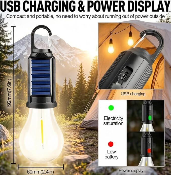 4-Pack Solar Camping Lantern, Portable LED Solar USB Rechargeable Lantern Flashlight Emergency Hanging Light Bulb for Indoor Outdoor Home Power Outages Hiking Hurricane (4)