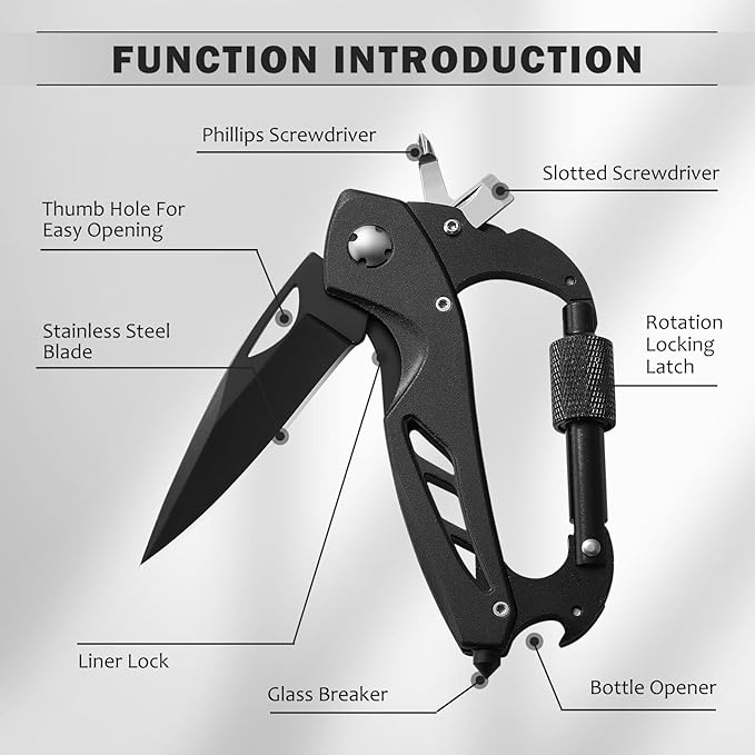 Multitool Carabiner with Pocket Knife, 6-in-1 Multi Tools with Window Breaker, Bottle Opener and Screwdriver,Camping and Mountaineering Survival Equipment, Christmas Gifts for Men and Women
