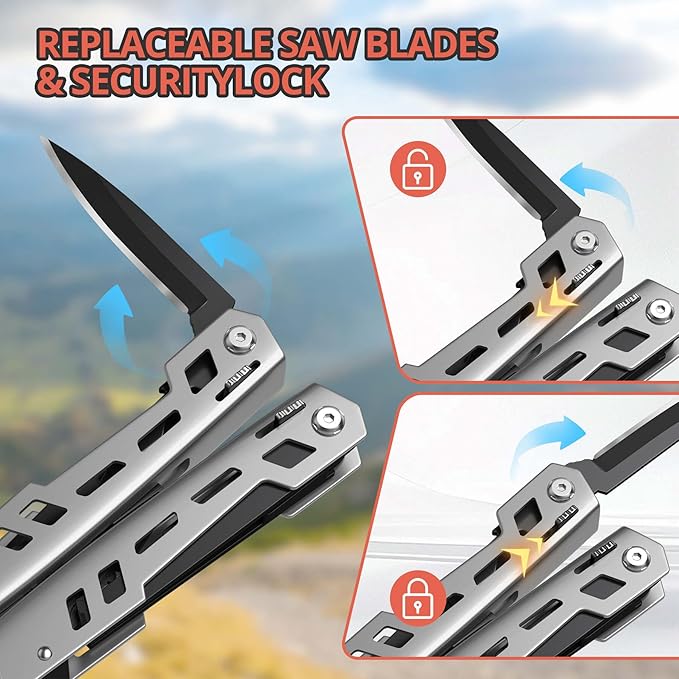 Multitool 17-in-1 Stainless Steel Multi Tool with Pocket Knife Needle Nose Pliers Bottle Opener Screwdriver Self-Locking Professional Multi-Tool for Outdoor Survival Gifts for Men((Silver)