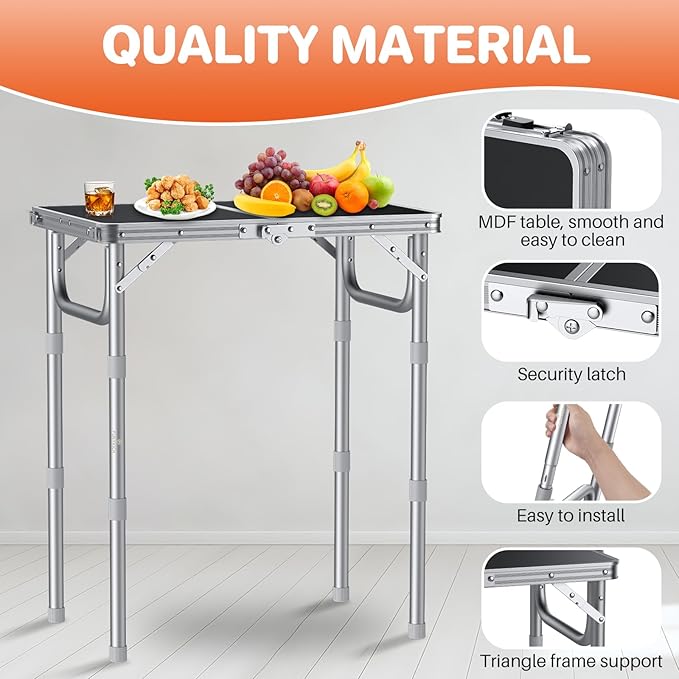 FUNYKICH 2ft Small Folding Table, 3 Height Adjustable Portable Camping Table, Lightweight Aluminum Outdoor Tables with Carry Handle for Car Camping, Backpacking, Picnic, L22.8''xW15.7'', Silver