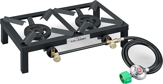 COOKAMP Propane Double Burner Angle Iron Camp Stove with CSA Listed Regulator and 4ft Hose (SA2200)