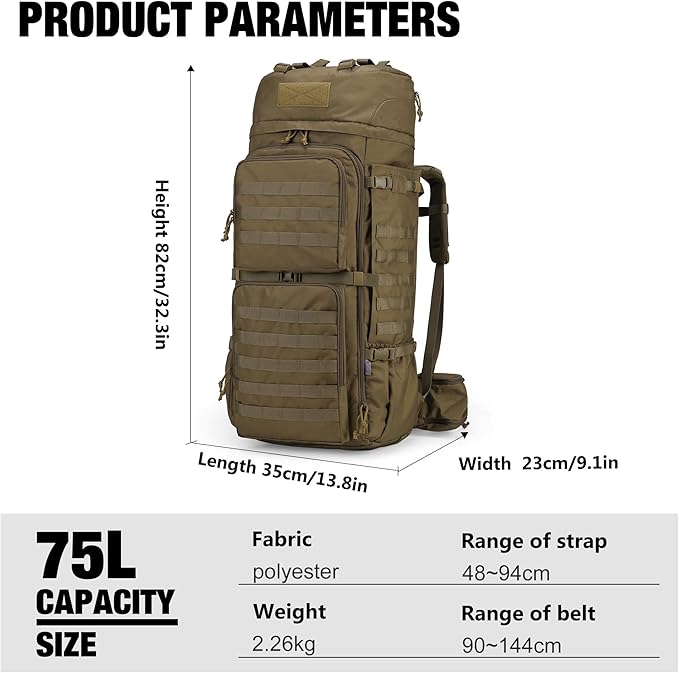 Mardingtop 75L Molle Hiking Internal Frame Backpacks with Rain Cover for Camping,Backpacking,Travelling(Khaki)