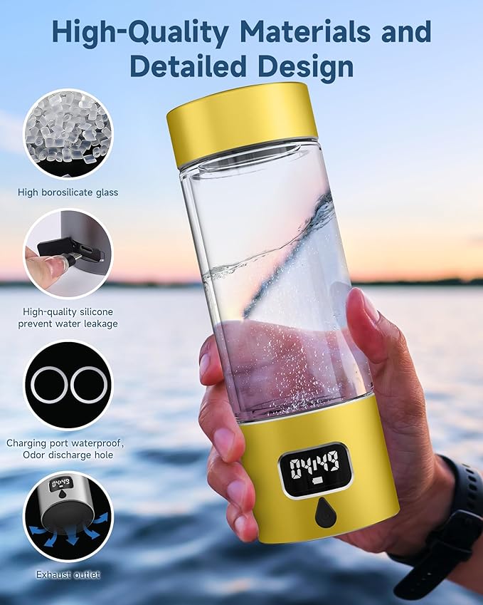 340ml Portable Hydrogen Water Bottle Generator with PEM-SPE Technology, Glass Exterior & Aluminum Shell, Produces 5000 ppb Hydrogen in 10 Minutes, for Home, Gym, Office & Travel