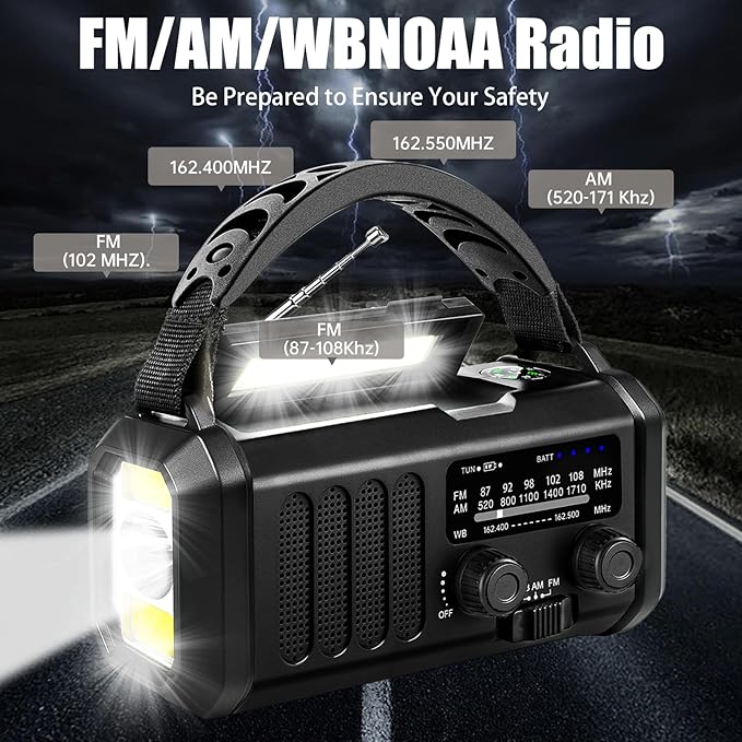 QAUYYW Hand Crank Emergency Radio,74000mWh Solar Powered Portable NOAA AM FM Weather Radio with 3 Mode Flashlight and Reading Light,Cell Phone Charger,Home and Emergency Distress Signal (Black)