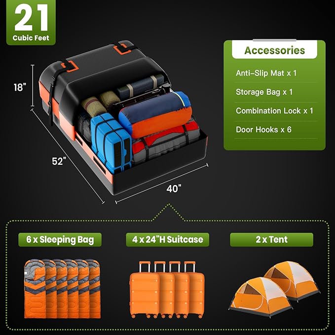 APTY 21 Cubic Feet Car Rooftop Cargo Bag Carrier, Soft Roof Top Luggage Bag for All Vechicles with/Without Rack - with Waterproof Zip, Anti-Slip Mat, Luggage Lock, Storage Bag, Door Hooks