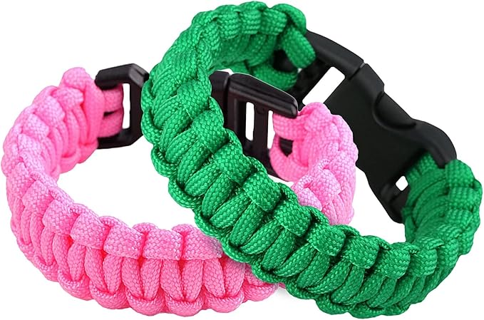 Sportmusies Paracord Wristband for Outdoor Sport Tactical Survival Parachute Bracelet, Essential for Hiking Travelling Camping Gear Pack of 2, pink&green