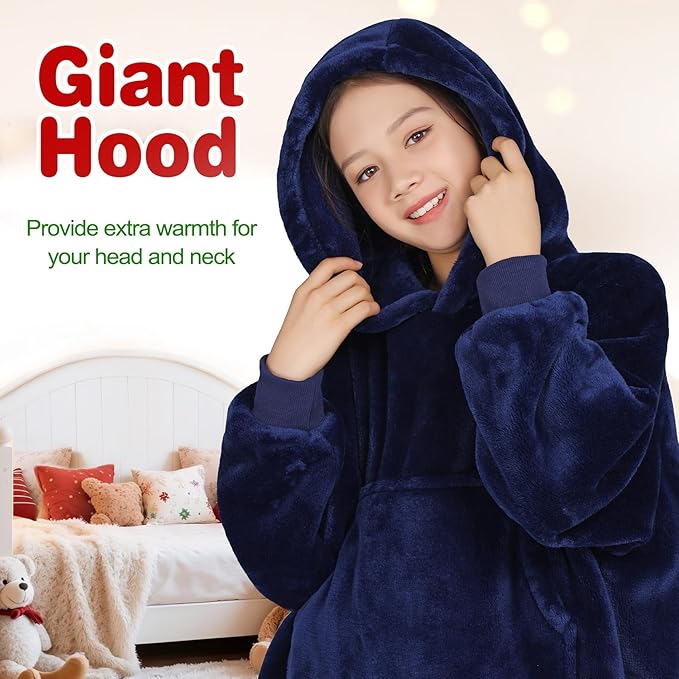 Waitu Wearable Blanket for Kids, Wearable Blanket Hoodie for Teens Girls Boys, Warm Blanket Sweatshirt Gift for Teenage, Hoodie Blanket with Sleeves - Navy