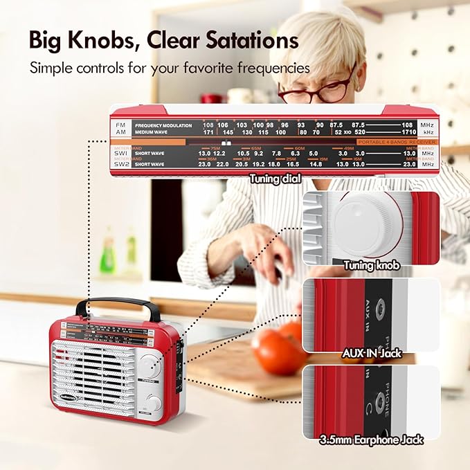 AM/FM/SW1-2 Radio Shortwave Transistor Radio AC or Battery Operated with Best Reception Big Speaker and Precise Tuning Knob with AUX in & 3.5mm Earphone Jack