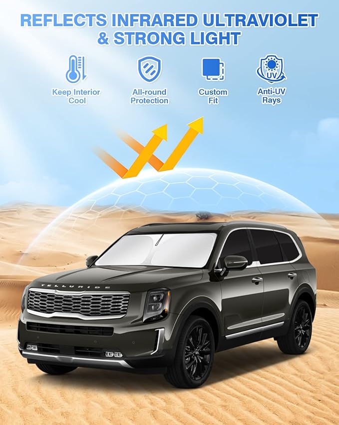 Canvcle Windshield Sun Shade for 2020-2025 2026 Kia Telluride Accessories Sunshade Side Rear Window Shade Cover Window Sun Visor Shield Privacy Protection Keep Vehicle Cool Black 8PCS