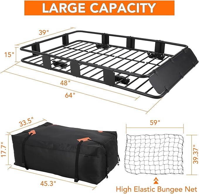 Garvee 64 in x 39 in Rooftop Cargo Basket for SUV & Truck - Universal Adjustable Roof Rack Carrier (48 in-64 in) w/Waterproof Cargo Bag, 200 LBS Capacity, Heavy-Duty Steel Construction