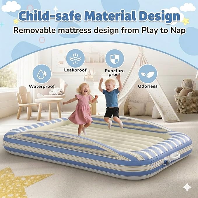 Luxchoice Inflatable Toddler Travel Bed with Cordless Rechargeable Pump, Comfy Removable Flocked Kids Air Mattress & Safety Rails, 63'' Portable Blow up Bed for Outdoors Camping Sleepover Travel Home