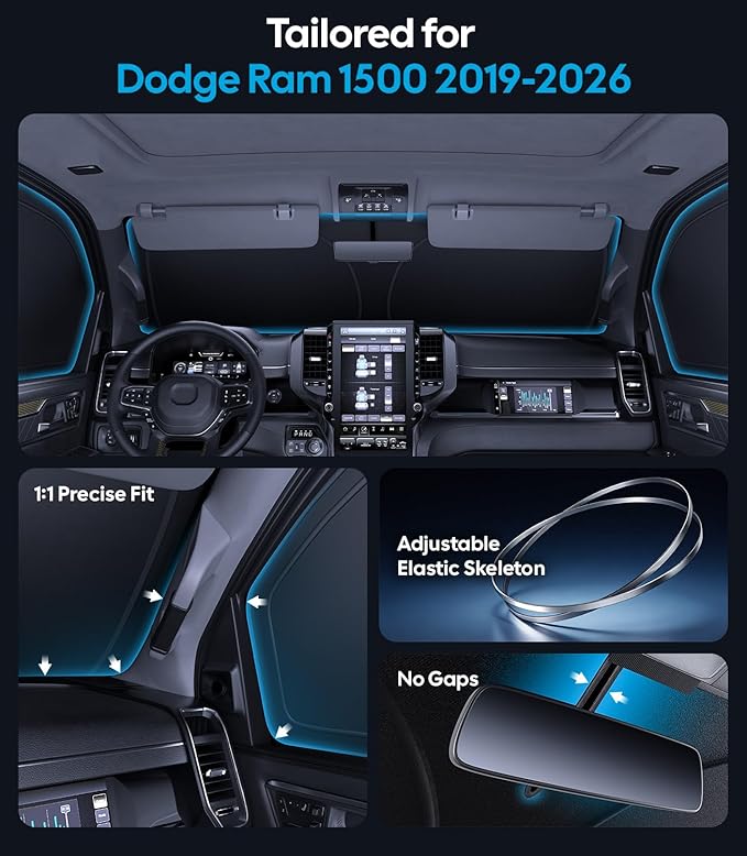 Wigoo 2026 Upgrade 6PCS Full Set Window Sunshade for Dodge Ram 2500 3500 2010-2026 [7-Layer Cooler & Blacker, Ice-Crystal Tech] with Windshield for Sun Block, Baby, Camping, Privacy Napping, Relax