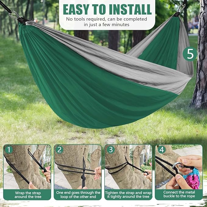 OBTANIM Camping Hammock 500lbs Portable Lightweight Single or Double Hammock with Tree Straps and Carry Bag for Camping Backpacking Hiking Travel Beach Outdoor Indoor (Grey and Dark Green)