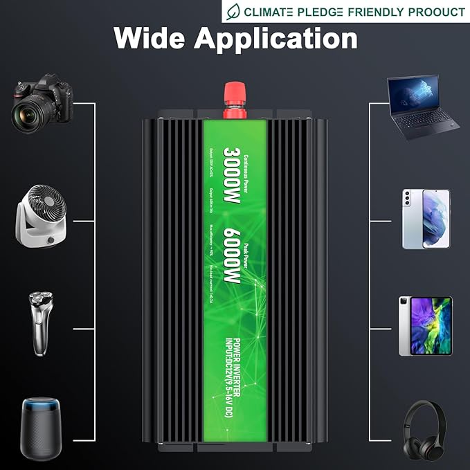 3000W Power Inverter 12V DC to 110V/120V AC Converter, 6000W Peak, LCD Display & Remote Control, Dual AC Outlets & USB Port for RV Truck Solar System, Emergency Backup, Outdoor Camping