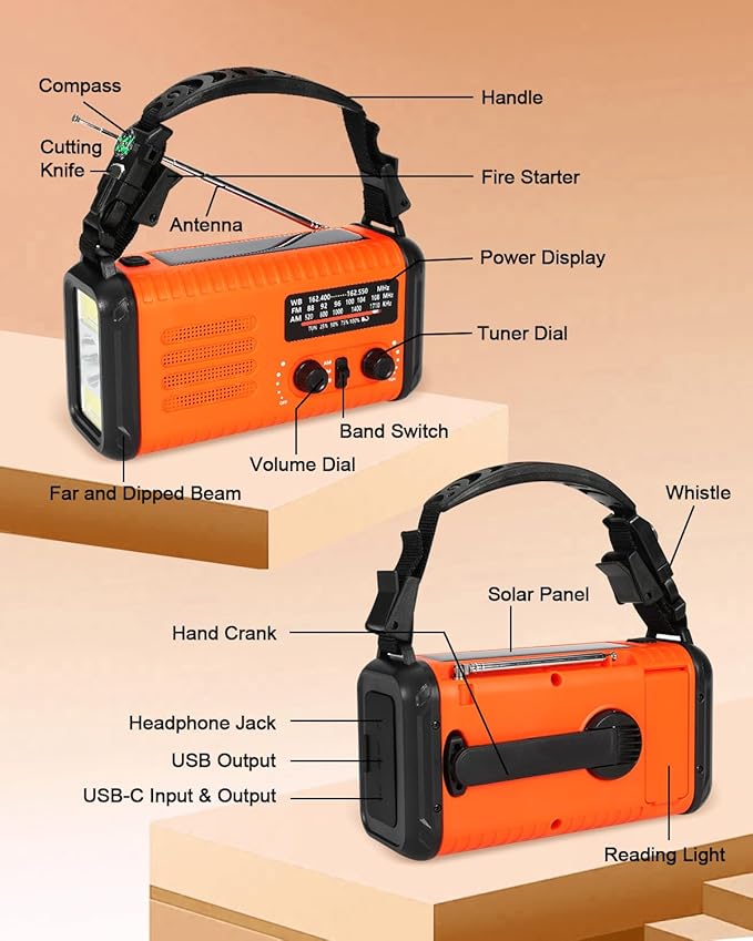 Emergency Crank Radio, 20000mAh / 74000mWh Solar Hand Crank Weather Radio with NOAA/AM/FM, Battery Powered Radio with Cell Phone Charger, Reading Lamp, Flashlight & SOS for Emergencies/Home (Orange)