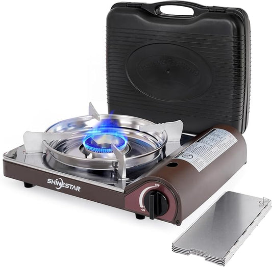 SHINESTAR 14000 BTU Butane Camping Stove, Portable Butane Stove with Brass Burner, One-Touch Piezo Ignition, Magnetic Safety Lock & Double Wind-Guard, Portable Gas Stove for Camping, RV, Emergencies