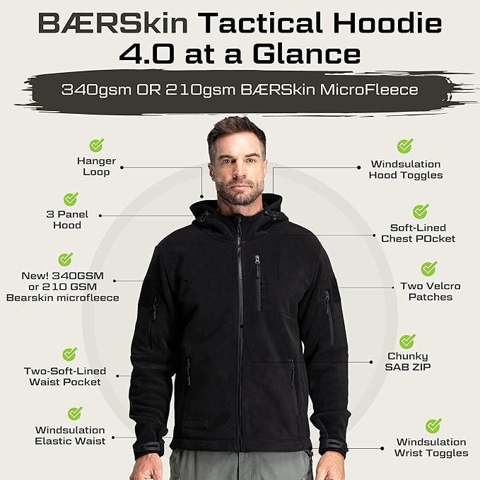 Baerskin Tactical Hoodie Jacket for Men 4.0 - Military Style Fleece Sweater for Cold, Rain, Wind or Snow