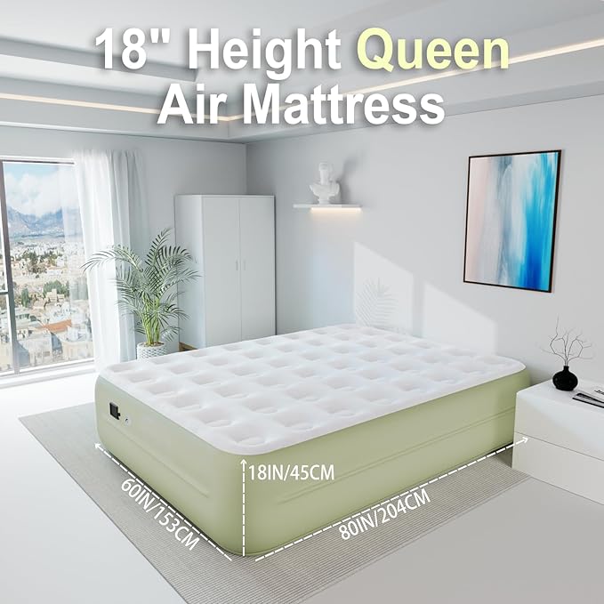 Queen Air Mattress with Battery Pump - USB-C Rechargeable Portable Inflatable Bed, 18 Inch Green Dutch Velvet Surface, 3 Min Fast Inflation for Camping & Home Guest Use
