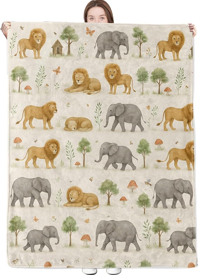Wildlife Blanket Cute Lion and Elephant in Soft Watercolor Jungle Pattern Throw Blankets Lightweight Flannel Throws for Camping Couch Chair Bed Home Decor Gifts for Animal Lover,60x50inch