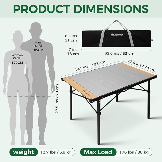 KingCamp Folding Camping Table, Aluminum Roll-Up Camp Table, Large Foldable Table for 4-6 Person, Outdoor Portable Tables with Carry Bag, 176 LBS Heavy Duty Load (Bamboo：40.16“x27.5”，4-6 People)