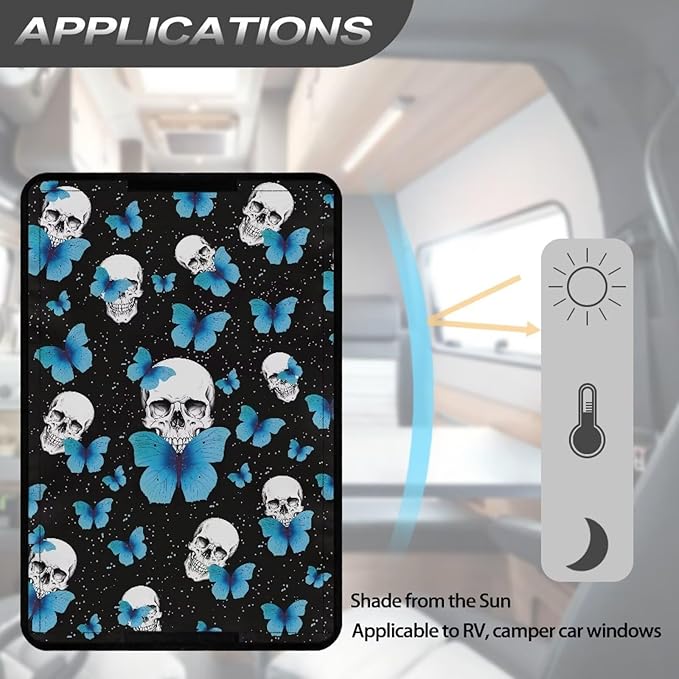 RV Door Window Shade Foldable Camper Trailer Blackout Window Door Protector, Blue Butterfly Skull UV Rays Protection Travel Trailer Accessories,Waterproof 300D Fabric