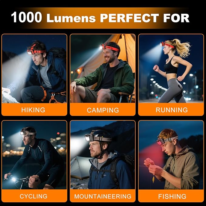 LED Headlamp Rechargeable Battery Powered Forehead 5 Light Mode 1000 High Lumen Usb C Waterproof Ultralight Head Lamp Headlights Electrician Tools Gift Night Work Flashlight Backpack Stuff
