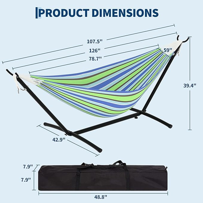 Double Hammocks with Stand for Outside, Portable Space Saving Heavy-Duty Steel Stand for Indoor Outdoor Patio with Carrying Bag, 450 lbs Capacity
