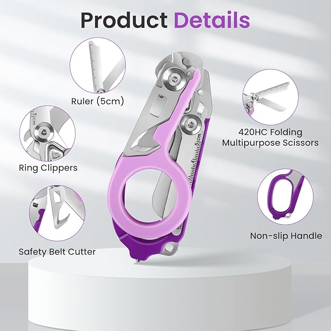 6in1 Trauma Shears, Stainless Steel Pocket Scissors Glass Breaker Emergency Medical Trauma Scissors,Outdoor Camping Tools Multi-function Shears (Double Purple)