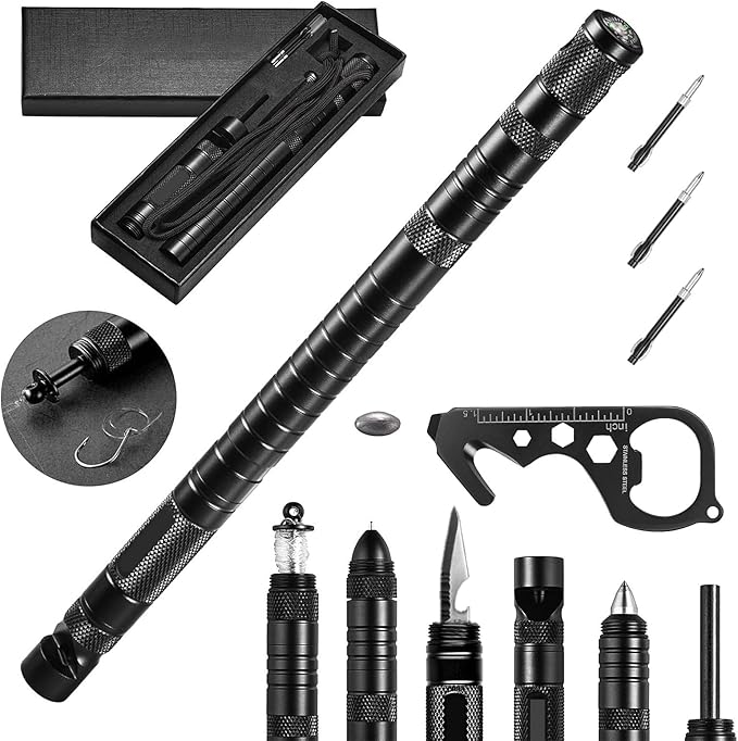 Multi-Functional Survival Tactical Pen 11-in-1, Includes Umbrella Rope, Utility Knife, Whistle & Fishing Tools, Emergency Safety Kit for Hikers Campers Anglers