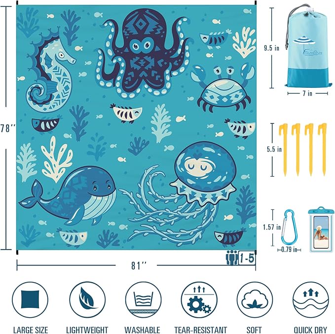 Famstar Beach Blanket Sandproof Waterproof 78''×81''1-5Adults Oversized,Compact Lightweight Durable Beach Mat for Travel Camping Hiking Picnic Blanket