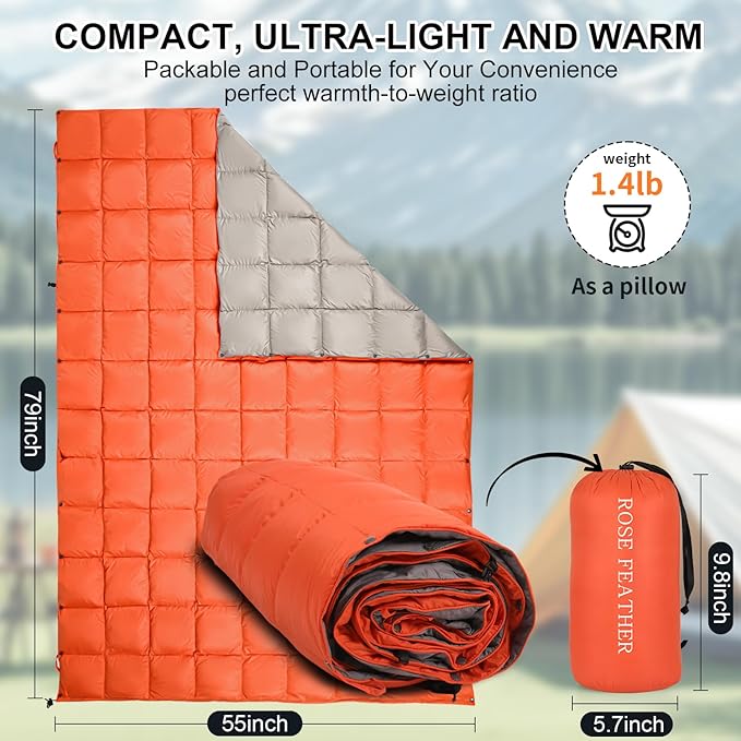 Down Camping Blanket - Lightweight, Packable, Warm & Puffy Outdoor Travel Quilt for Sleep, Hiking, Backpacking, Stadium, Festivals, Water-Resistant Sleeping Bag 55"x79"