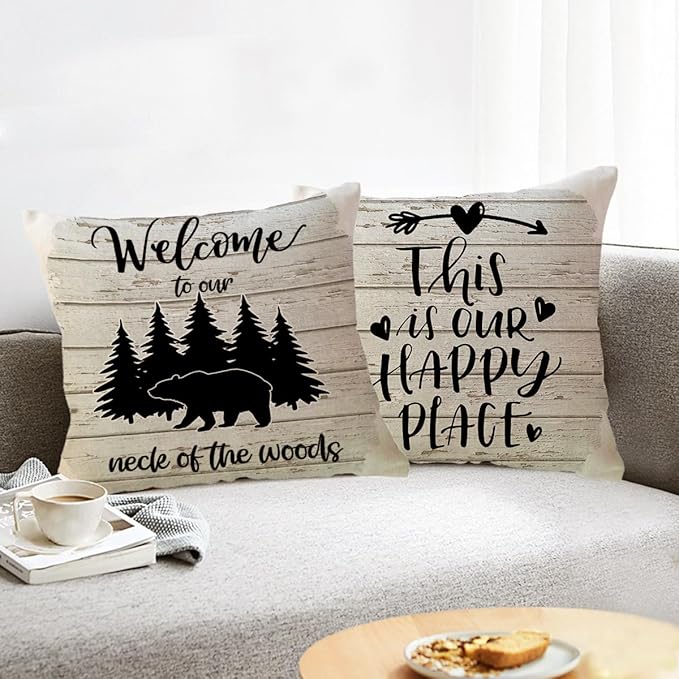Lake Camper Throw Pillow Covers 18 x 18 Inch This is Our Happy Place Quote Cushion Covers Bear Woods Sunshine Camping/Cabin Farmhouse Rustic Decorative Pillowcases 4Pack for Sofa Couch Porch
