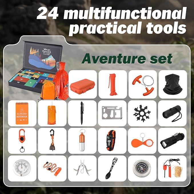 Survival Kit Advent Calendar 2025 for Men - 24 Days Christmas Countdown Calendar Emergency Survival Gears - Adventure Gift Box for Adult Teen - Xmas Holiday Surprise Gifts for Outdoor Enthusiasts