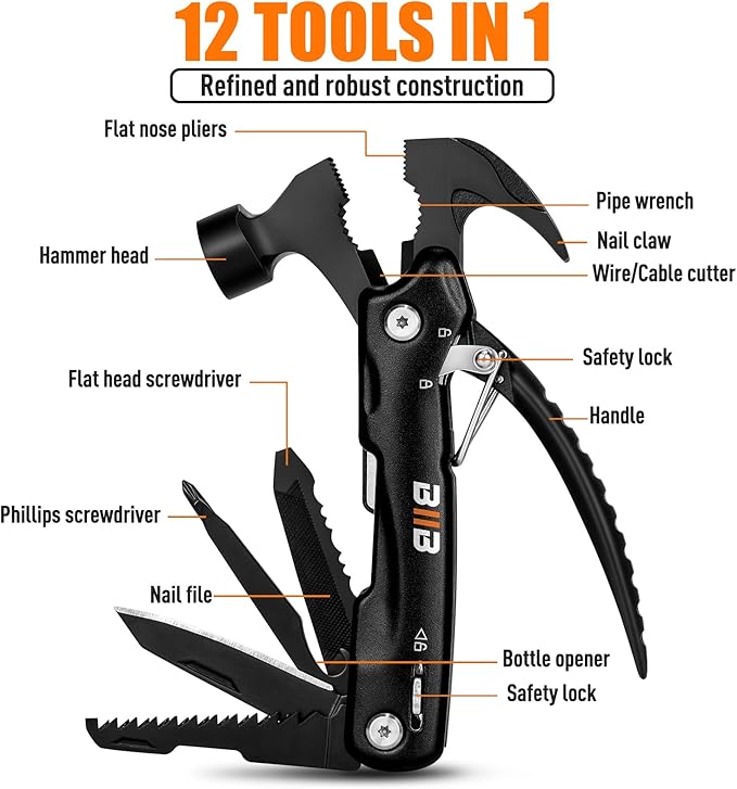 BIIB Gifts for Men, 12 in 1 Hammer Multitool, Fathers Day Mens Gifts for Husband Dad, Anniversary Birthday Gifts for Men, Fathers Day Dad Gifts from Daughter Son, Camping Essentials Survival Gear Tool