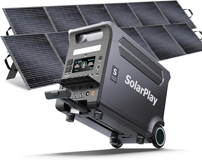 SolarPlay Portable Power Station, 3600W(5500W Peak), 3840Wh Solar Generator with 2 * 400W Solar Panel 2Hrs Fast Charging LiFePO4 Battery, Adjustable, UPS with AC output for Home Camping Outdoor