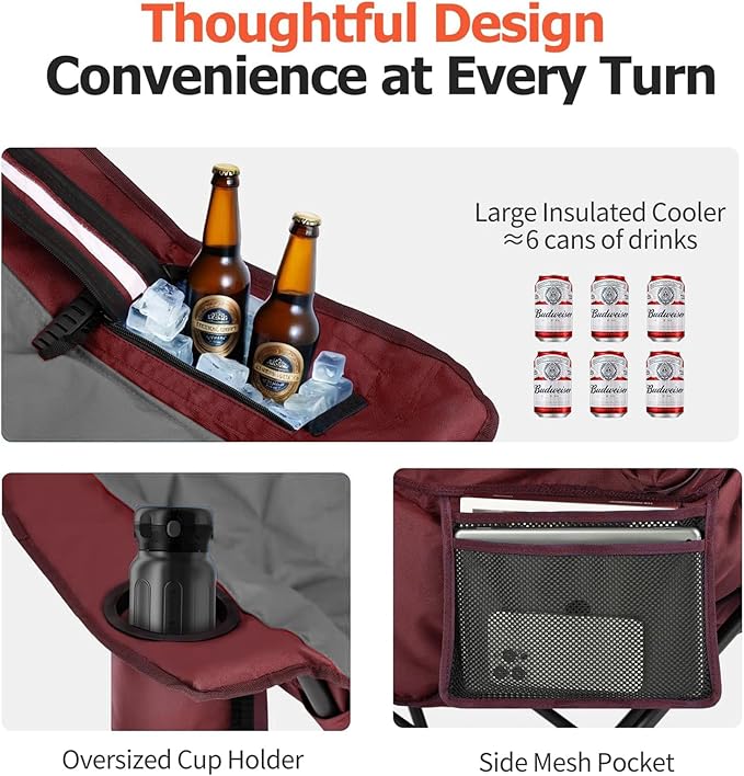 Overmont Oversized XL Camping Chair for Adults - 400lbs Support Heavy-Duty Padded Folding Chair with Side Pocket Cup Holder Cooling Bag for Outdoor Sports Garden Beach Fishing Lawn Red
