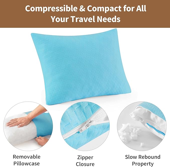 Small Shredded Memory Foam Pillow, Camping Pillow Travel Pillow - Compressible Medium Firm, Breathable Cover, Ideal Backpacking Hiking, Airplane and Car (Sky Blue, S)