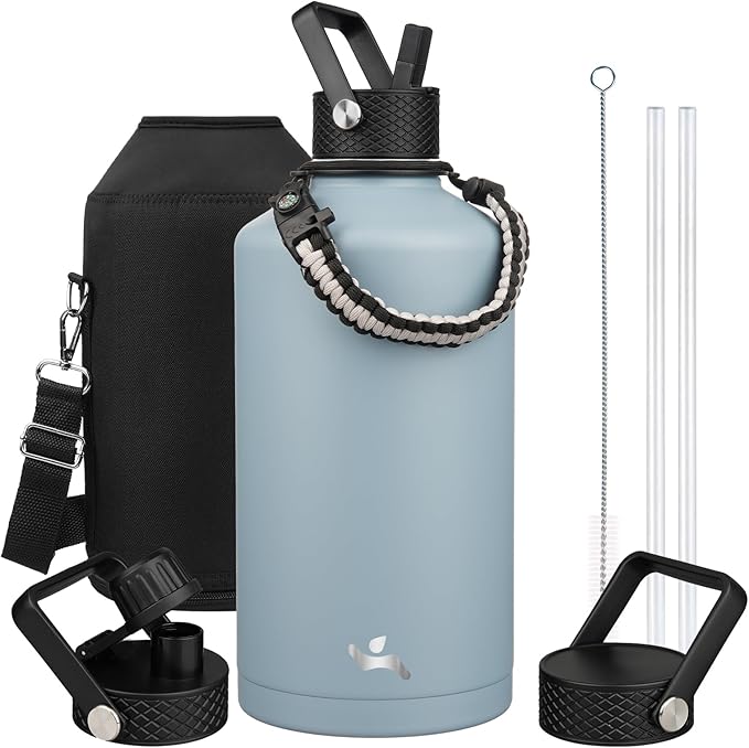 Konokyo Gallon Insulated Water Bottle with Straw,128 oz 3 Lids Water Jug with Carrying Bag,Paracord Handle, Double Wall Vacuum Stainless Steel Metal Flask,Storm Blue
