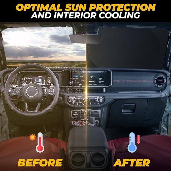 Jeep Windshield Sun Shade - 280T Thickened Material, X-Small (60" x 21"), Windshield Sun Visor Keeps Car Interior Cool, UV Heat and Dashboard Protects, fits with Wrangler, Gladiator and Rubicon