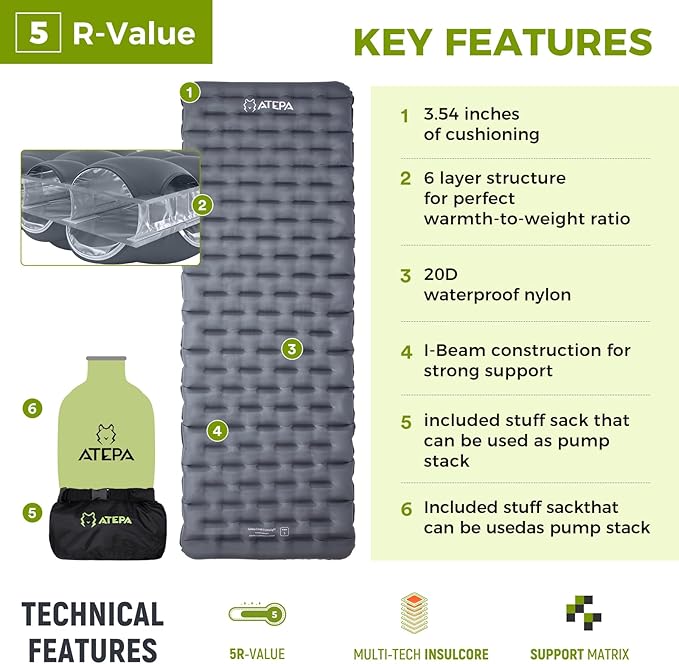ATEPA ThermAir Backpacking Inflatable Sleeping Pad, 5 R-Value Insulated Ultralight Portable Sleeping Pad Thick Camping Mat with Pump Sack for Camping Backpacking Tent, Wide Long Size 71.65"x24.41"
