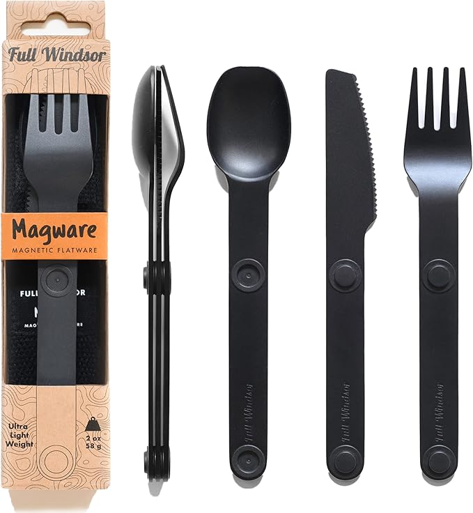 FULL WINDSOR Magware Camping Set - Travel Utensils for Outdoor Dining, Backpacking & Camping Essentials - Knife, Fork & Spoon with Pouch - Magnetic Silverware Lunchbox Utensils Cutlery - Black (3 PCS)