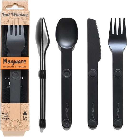 FULL WINDSOR Magware Camping Set - Travel Utensils for Outdoor Dining, Backpacking & Camping Essentials - Knife, Fork & Spoon with Pouch - Magnetic Silverware Lunchbox Utensils Cutlery - Black (3 PCS)