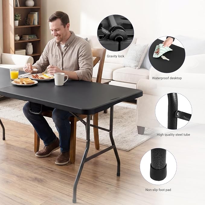 Byliable Folding Table 6ft, Heavy Duty Portable Plastic Fold-in-Half Utility Table with Carrying Handle for Indoor Outdoor, Camping Picnic Party, Black