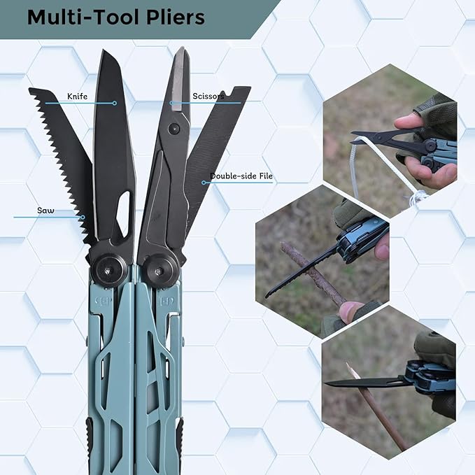 Multitool with Pocket Knife, 25-in-1 Stainless Steel Pliers and Screwdriver, Self-locking Multi-tool EDC Gear with Sheath, Suitable for Camping and Hiking (Greyblue)