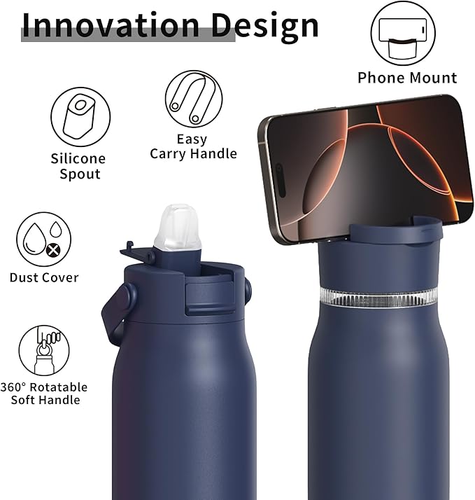 LISI 30oz Insulated Water Bottle, Double Wall Stainless Steel Water Bottles with Straw, 100% Leak-Proof Travel Thermal Canteen Mug with 2 Lids (Straw, Phone Holder Lid)