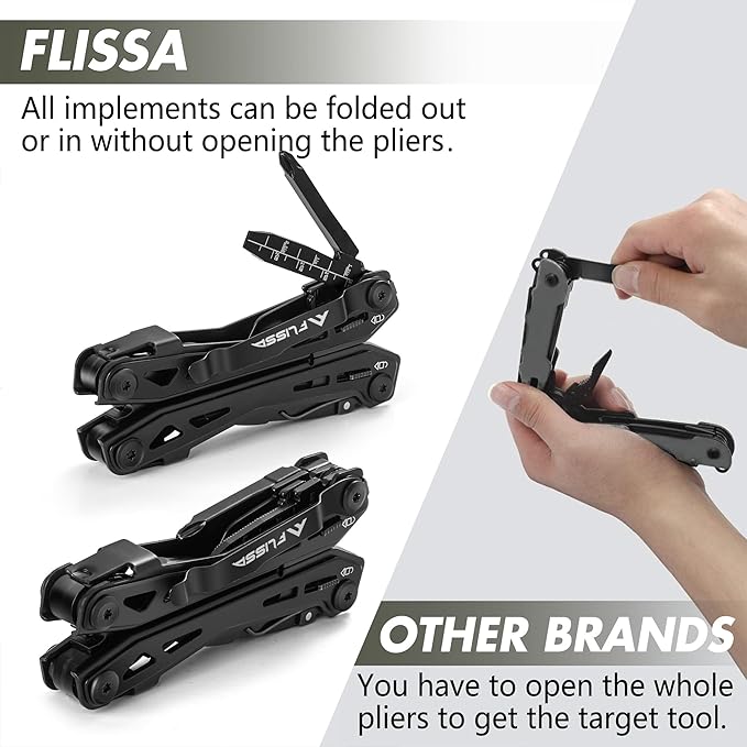 FLISSA 16-in-1 Stainless Steel Multi Tool, Gifts for Men, EDC Multitool with Pocket Knife, Pliers, Belt Clip and Oxford Sheath, Self-locking Utility Multi-Tool for Camping Survival Outdoor