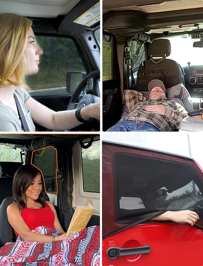 Savadicar Front Window Sun Shades, Breathable Mesh Side Window Sunshade, Stretchy Sun Screen Net Compatible with 1997-2024 Jeep Wrangler TJ JK JL & Gladiator JT, Anti-UV for Baby/Pets/Camping, Pair